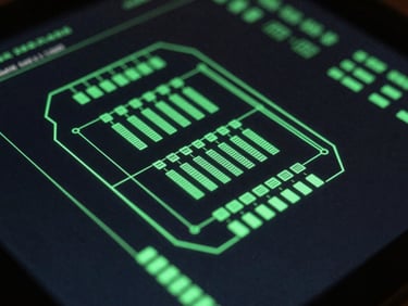 Tight macro shot of a schematic layout glowing neon green on a dark terminal screen, blueprint style, moody tech photography, 50mm lens
