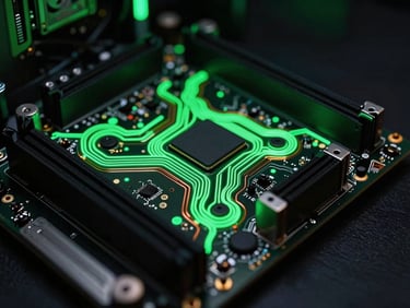 Tight macro shot of a server motherboard with a glowing neon green copper trace, high-contrast dark ambient background, moody tech photography, 50mm lens