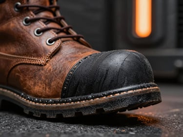 Macro close-up shot of a composite safety toe cap inside a rugged leather boot, showing the layered technical fibers, dark industrial backdrop, dramatic orange lighting.