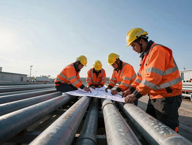 Crew members in high-visibility gear installing underground conduit, technical drawings visible, crisp morning daylight, low-angle heroic shot