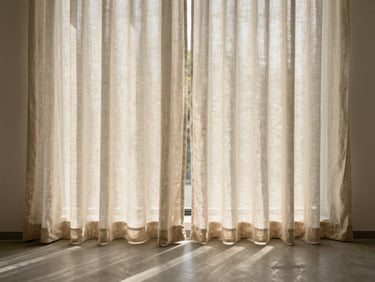 Straight-on architectural portrait of a minimalist window with elegant beige linen curtains casting soft, high-contrast shadows on a clean concrete floor, warm daylight, 35mm lens.