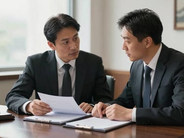 Medium shot of two professional lawyers in deep discussion over documents on a dark wood table, soft natural window light, shallow depth of field, authentic non-staged corporate environment.