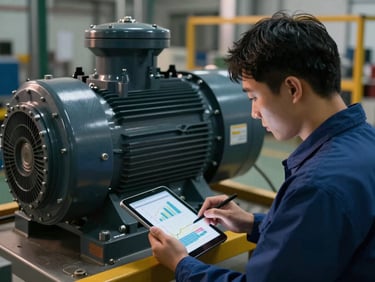 An engineer analyzing energy consumption charts on a tablet in front of a modern industrial motor, sharp focus, technical lighting.