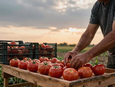 Wide environmental shot of a farmer's hands sorting tomatoes at a wooden stand at golden hour, crates of produce behind them, overcast sky fading to warm orange at the horizon, field visible in background