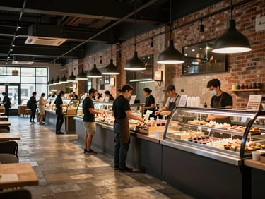 Wide interior shot of a modern food hall mid-morning, vendors setting up stalls, overhead pendant lights casting warm pools, stone floor and exposed brick visible, no customers yet — the quiet before opening
