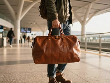 First-person perspective of a traveler carrying a leather weekend bag walking through a modern, sunlit terminal with architectural steel arches, warm morning light, 35mm lens.