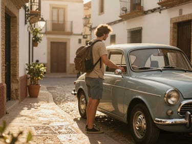 Intimate perspective of a traveler stepping into a classic rental car parked in a narrow, sunlit Spanish courtyard, warm golden-hour light.