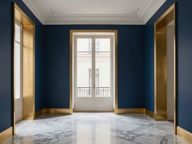 Luxury editorial interior of a restored historic apartment, high ceilings, marble floors, soft natural window light, elegant minimalist design