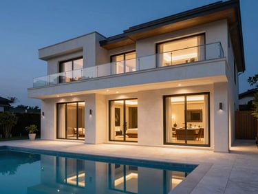 Modern luxury villa exterior, clean architectural lines, elegant private pool, warm evening ambient lighting, high-end materials