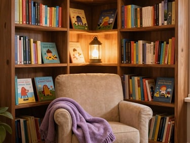 An enchanting, premium library nook in a North American home, designed with elegant wooden bookshelves filled with vibrant children's books. A plush warm-beige armchair rests in the corner with a soft lavender throw blanket draped over it. Warm, whimsical lighting glows from a small lantern-style lamp, casting soft golden and amber hues across the cozy reading space.