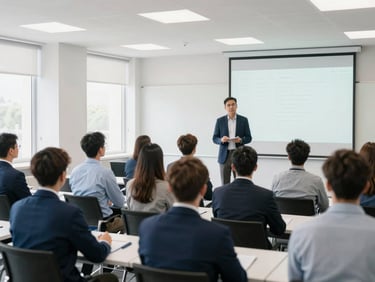 Mechanical engineers in professional attire attending a technical seminar, focused on a presenter, clean professional indoor conference lighting, wide environmental framing.