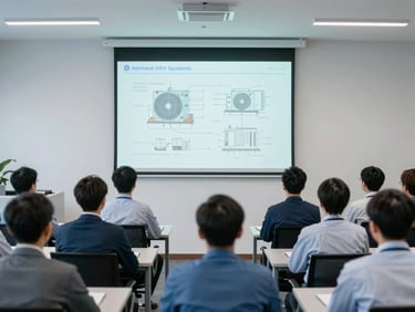 Mechanical engineers in professional attire attending a technical seminar on advanced HVAC systems, focused on a projector screen displaying schematics, bright indoor conference lighting.