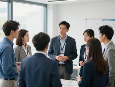 Group of mechanical engineers in professional attire engaged in discussion at a networking event, clean professional indoor conference lighting, medium environmental framing.