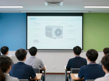 Engineers attending a technical seminar on HVAC systems, focused on a projector screen displaying schematics, clean professional photography, bright indoor conference lighting, corporate blue and green tones, sharp focus, medium environmental framing.