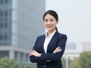 Professional portrait of a female mechanical engineer in business attire, smiling confidently, clean professional photography, bright daylight, corporate blue and green tones, sharp focus.