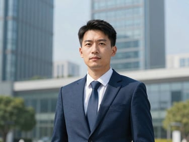 Professional portrait of a male mechanical engineer in business attire, looking astute, clean professional photography, bright daylight, corporate blue and green tones, sharp focus.