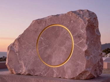Geometría sagrada minimalista tallada en piedra de cuarzo rosa, con sutiles detalles en pan de oro, iluminada por una suave luz de atardecer, encuadre asimétrico con mucho aire limpio. Warm editorial photography, soft golden-hour light, dusty pink and deep purple tones, elegant minimalist composition, 35mm.