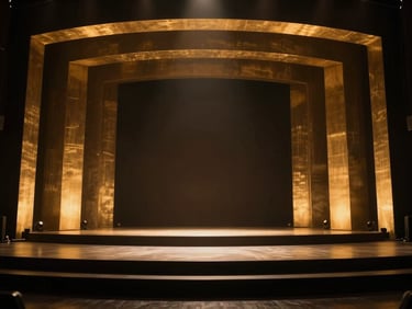 Wide-angle shot of a state-of-the-art stage setup with dramatic architectural lighting, deep shadows, gold highlights, cinematic atmosphere