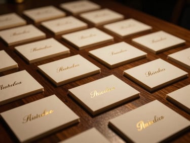 Close-up of elegant diplomatic seating cards on a massive mahogany table, warm low-key lighting, shallow depth of field, gold embossed lettering