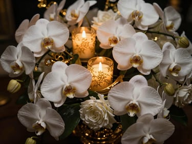 Macro shot of a luxurious floral installation with white orchids and golden accents, glowing candlelight, rich textures, 35mm