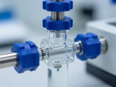 Crisp clinical macro photography of a sterile water filtration valve in a shrimp laboratory, bright cool daylight, deep blue accents, shallow depth of field