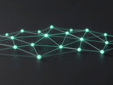 Abstract digital network visualization, glowing emerald nodes, clean dark slate background, high-end editorial