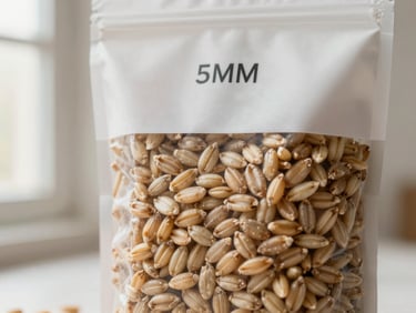 Macro close-up of premium organic grains in minimalist white packaging, soft warm window light, clean composition, 35mm.