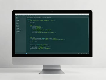Close-up of clean code on a high-end monitor, soft emerald ambient light, minimalist desk setup, 35mm