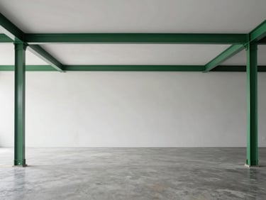 Minimalist modern logistics warehouse with clean concrete floors, emerald green structural accents, soft natural light, 35mm.