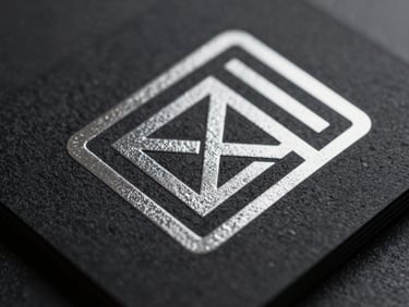 A close-up of premium embossed black cardstock with metallic silver foil stamping, crisp geometric lines, sharp shadows.