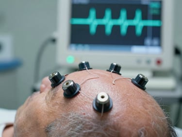 Extreme close-up of EEG electrodes placed on a patient scalp in a clinical setting, teal-tinged waveform visible on a monitor screen in the shallow background, surgical suite cool lighting, no face visible, precise and technical framing