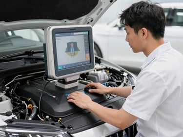 Immaculate technician in crisp uniform operating a modern digital diagnostic scanner under the clean engine bay of a luxury vehicle, bright natural daylight