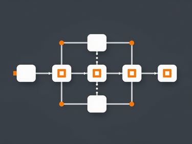 Flat orthographic vector illustration of a modern software deployment pipeline, showing code commits transforming into nodes, safety orange accents