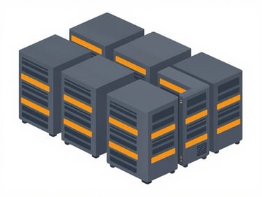Flat orthographic technical diagram of cloud server clusters and security barriers, slate and safety orange accents, sharp lines