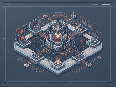 Isometric flat vector diagram of a secure distributed talent network node, clean lines, slate and safety orange accents, minimalist UI frame