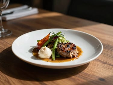 Close-up of beautifully plated seasonal dish in a cozy Scandinavian-style restaurant, soft natural light, deep shadows, rich saturated tones.