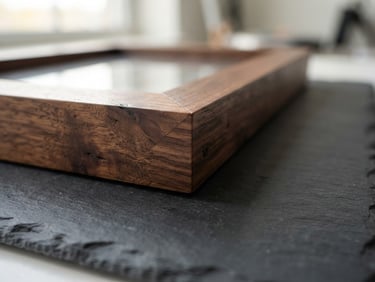 Close-up studio photography of a premium custom-fabricated wooden frame resting on a dark slate surface, warm gold lighting highlighting the wood grain texture, sharp focus, 50mm lens