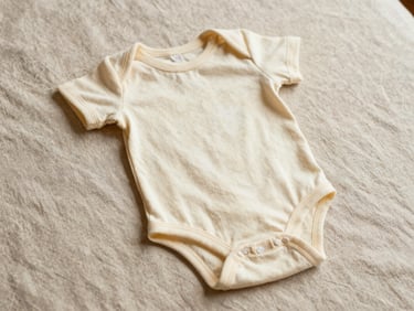 Soft cream-colored cotton baby bodysuit resting on a neutral linen surface, warm lighting