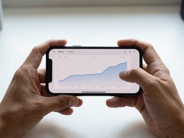Close-up of two hands holding an Android phone displaying a performance metrics screen — frame rate graph visible, fingers steady on the device, bright north-facing daylight, tight crop on the hands and screen with a plain light desk surface barely visible at the bottom edge