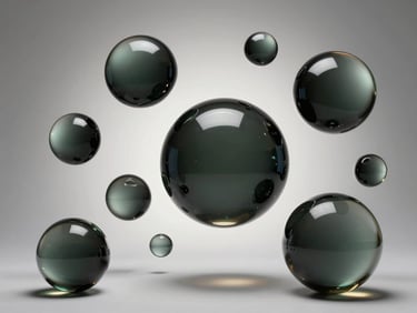 Wide shot of a hyper-stylized commercial product display made of floating dark glass spheres, high-contrast studio lighting.