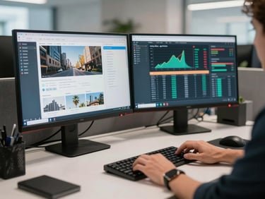 Wide shot of a modern agency workspace, two monitors showing campaign performance dashboards with real data, a designer's hands visible on a keyboard, north-light editorial lighting, clean desk surface, sharp and precise framing