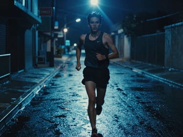 Dramatic low-key cinematic still of a runner on a wet neon-lit street, anamorphic lens flare, rich blue tones, 35mm film grain