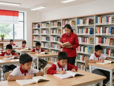 A clean modern public library room filled with books, local Indonesian children reading happily with a disciplined instructor in a red uniform, warm daylight