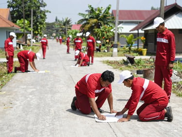 Indonesian community members in red uniforms repairing a clean village concrete road, bright sunny day, active teamwork, professional documentary photography