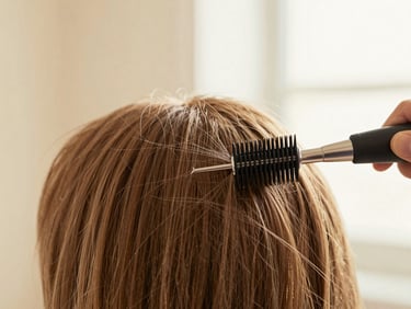 Close-up of hair being treated with a specialized tool for nano reconstruction, focus on the hair strands and tool, warm diffused light.