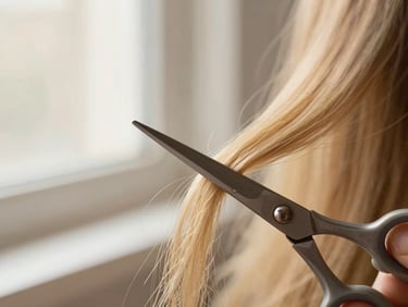 Macro shot of scissors precisely cutting a strand of hair, focus on the sharp blade and hair texture, soft window light.