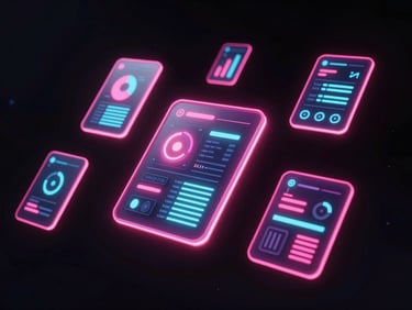3d render of holographic UI cards displaying glowing metrics and neon pink borders floating in dark space