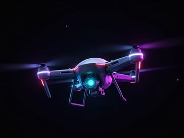 3d render, dark atmospheric environment, vibrant neon rim lighting, deep cosmic black, dynamic wide angle, floating mechanical drone with glowing cyan optical sensors
