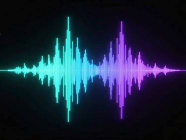 3d render of a holographic audio spectrum visualizer with glowing cyan and violet vertical bars floating in a dark cosmic space, neon rim lighting