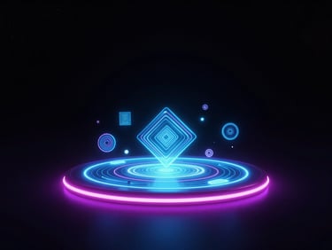 3d render, dark atmospheric environment, vibrant neon rim lighting, deep cosmic black, dynamic wide angle, glowing holographic terminal displaying floating procedural geometry